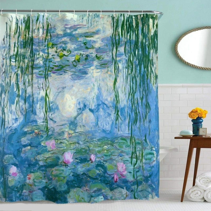 IcosaMro Monet Shower Curtain for Bathroom with Hooks, Water Lilies Lotus Watercolor Garden Art Fowers Floral Decorative Long Cloth Fabric Shower Curtain, Blue, 71x72 Inches - Image 1